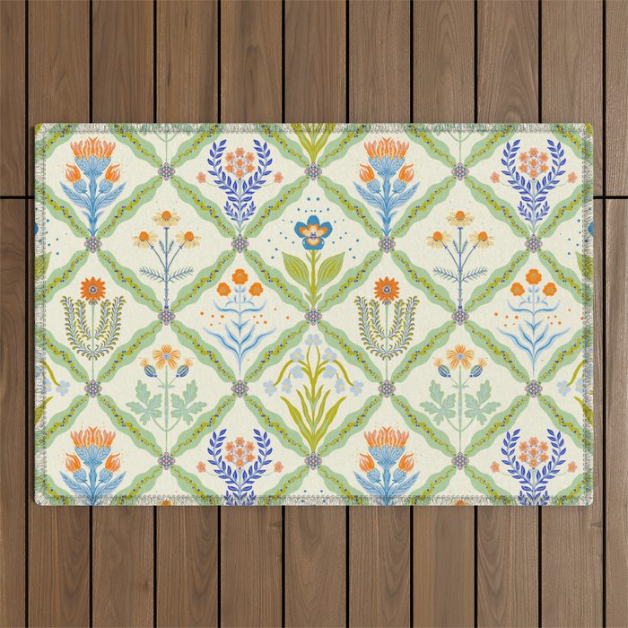 Vintage Botanical Floral Tile Pattern Outdoor Rug Gallery Image 1