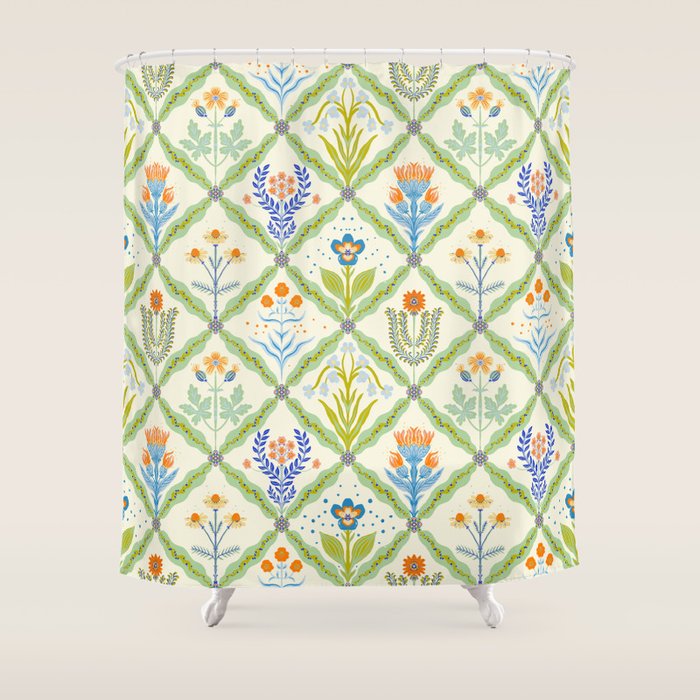 Vintage Botanical Floral Tile Pattern Shower Curtain Gallery Image 1