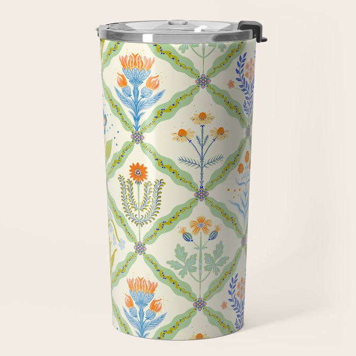 Vintage Botanical Floral Tile Pattern Travel Mug Gallery Image 2