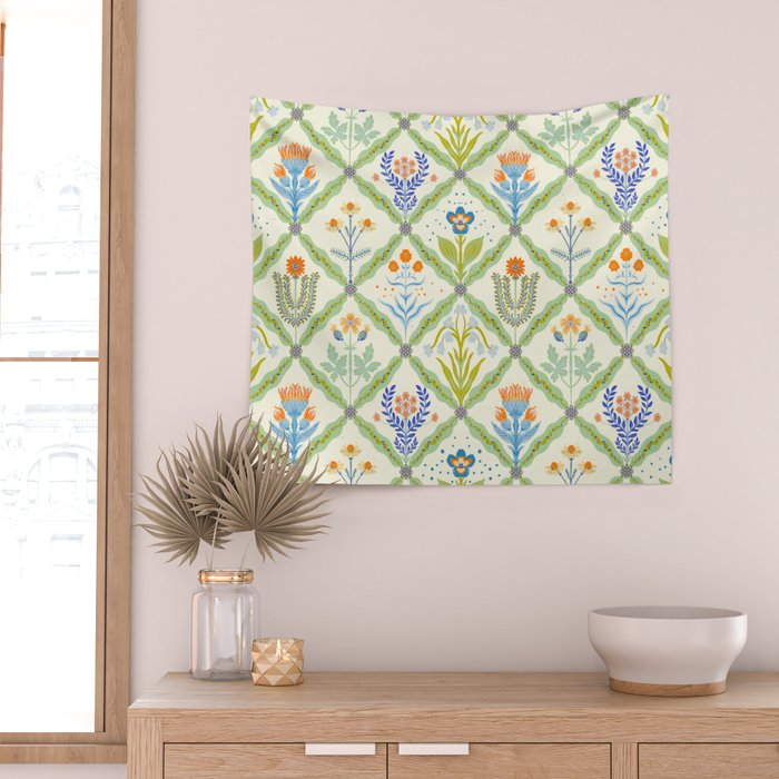 Vintage Botanical Floral Tile Pattern Wall Tapestry Gallery Image 2