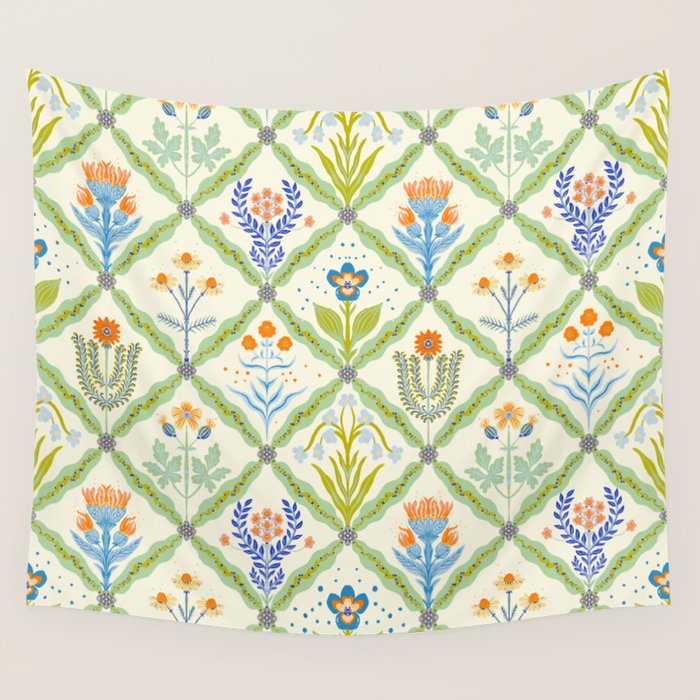 Vintage Botanical Floral Tile Pattern Wall Tapestry Gallery Image 1