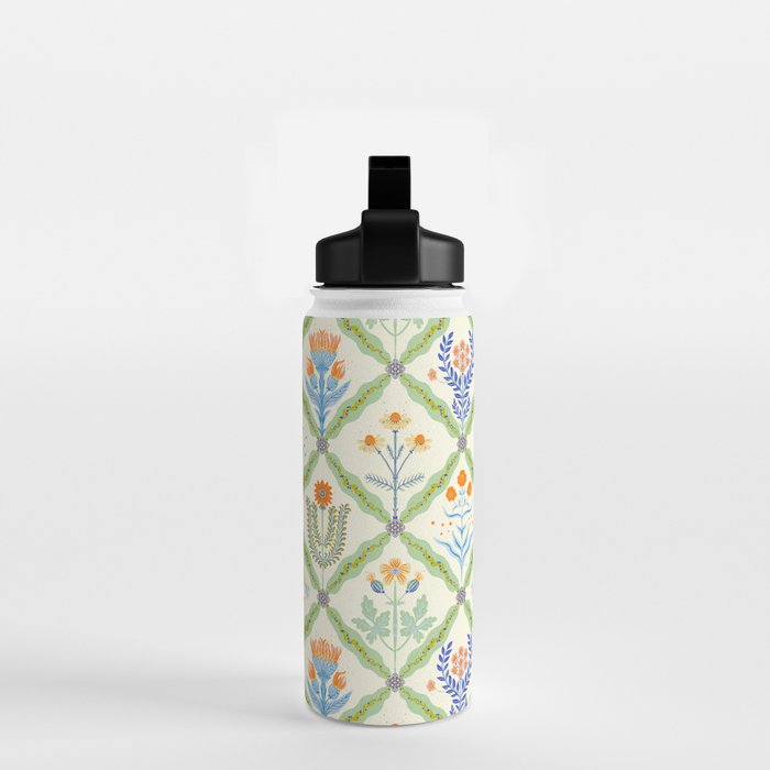 Vintage Botanical Floral Tile Pattern Water Bottle Gallery Image 2