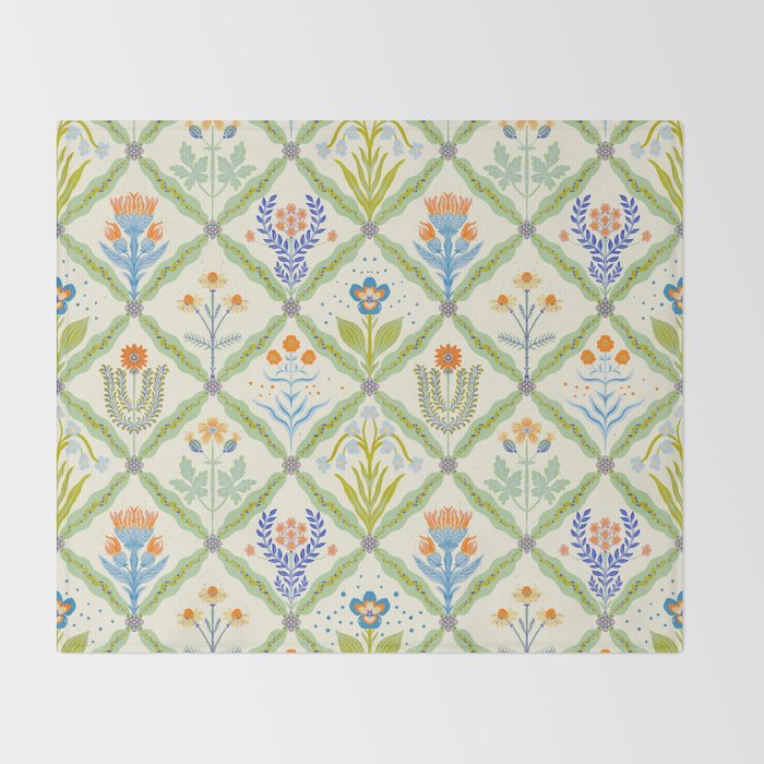 Vintage Botanical Floral Tile Pattern Throw Blanket Gallery Image 2