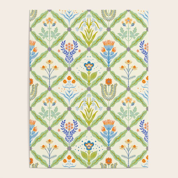 Vintage Botanical Floral Tile Pattern Poster Gallery Image 4