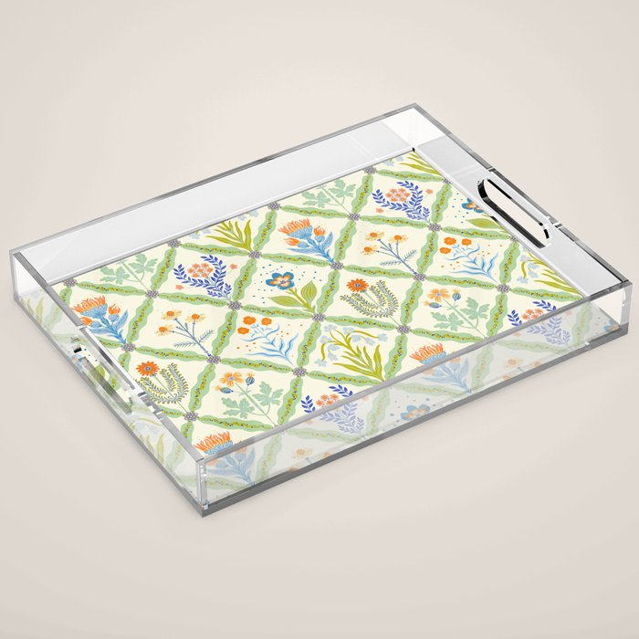 Vintage Botanical Floral Tile Pattern Acrylic Tray Gallery Image 1