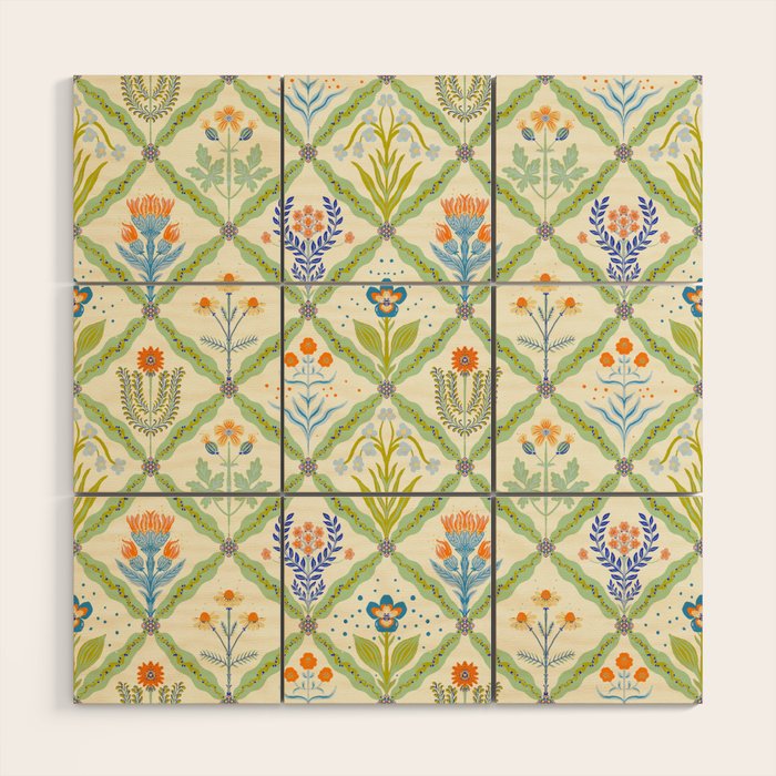 Vintage Botanical Floral Tile Pattern Wood Wall Art Gallery Image 1