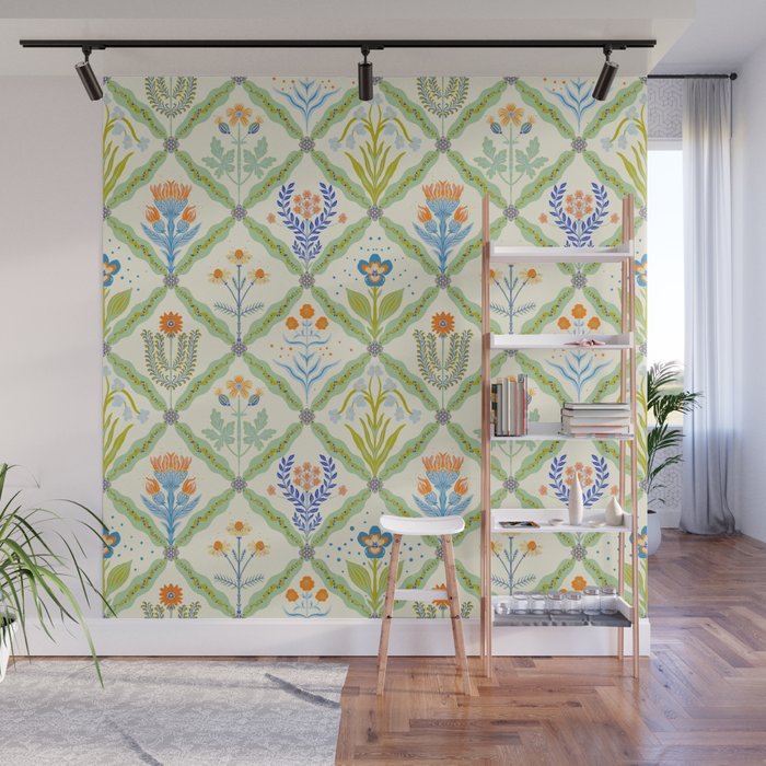 Vintage Botanical Floral Tile Pattern Wall Mural Gallery Image 1