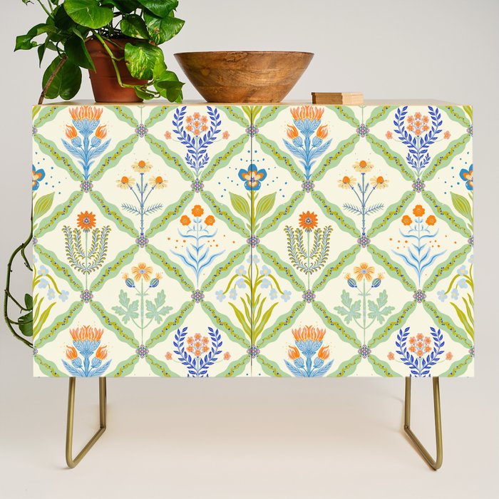 Vintage Botanical Floral Tile Pattern Credenza Gallery Image 1