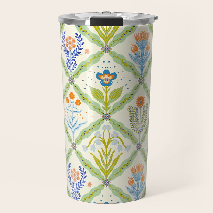 Vintage Botanical Floral Tile Pattern Travel Mug Gallery Image 1