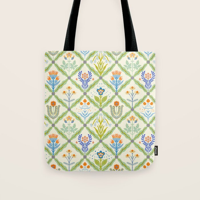 Vintage Botanical Floral Tile Pattern Tote Bag Gallery Image 1
