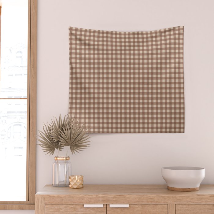 Gingham Plaid Pattern - Coffee Creme Wall Tapestry Gallery Image 2