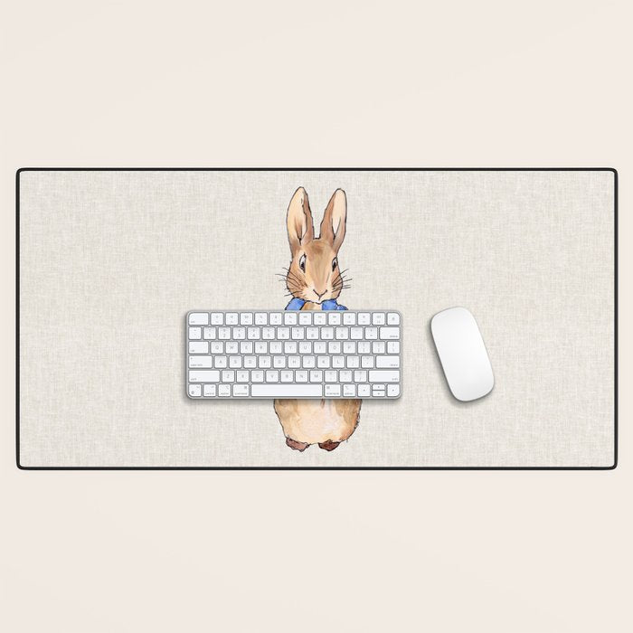 Peter the rabbit beige linen textured background Desk Mat Gallery Image 1