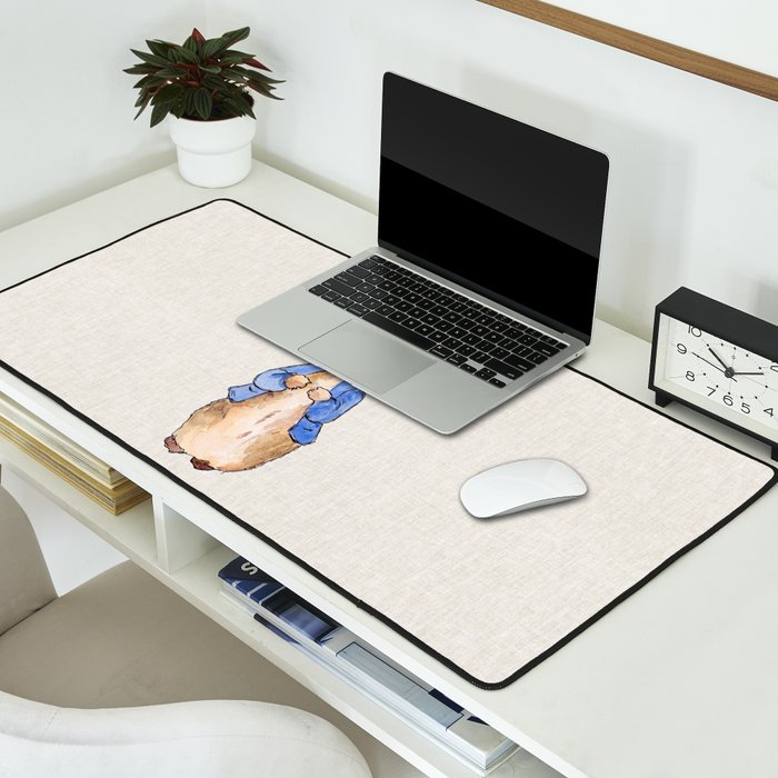 Peter the rabbit beige linen textured background Desk Mat Gallery Image 2