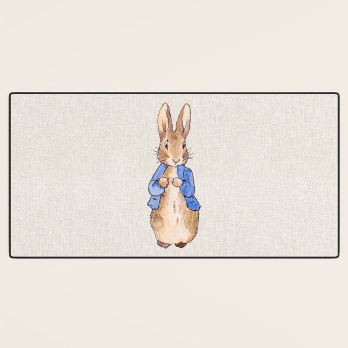 Peter the rabbit beige linen textured background Desk Mat Gallery Image 3