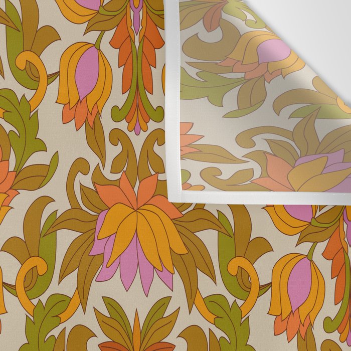 Orange, Pink Flowers and Green Leaves 1960s Retro Vintage Pattern Wall Tapestry Gallery Image 3