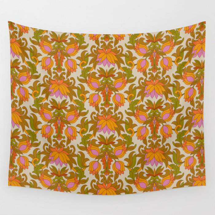 Orange, Pink Flowers and Green Leaves 1960s Retro Vintage Pattern Wall Tapestry Gallery Image 1
