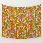 Orange, Pink Flowers and Green Leaves 1960s Retro Vintage Pattern Wall Tapestry Gallery Image 4