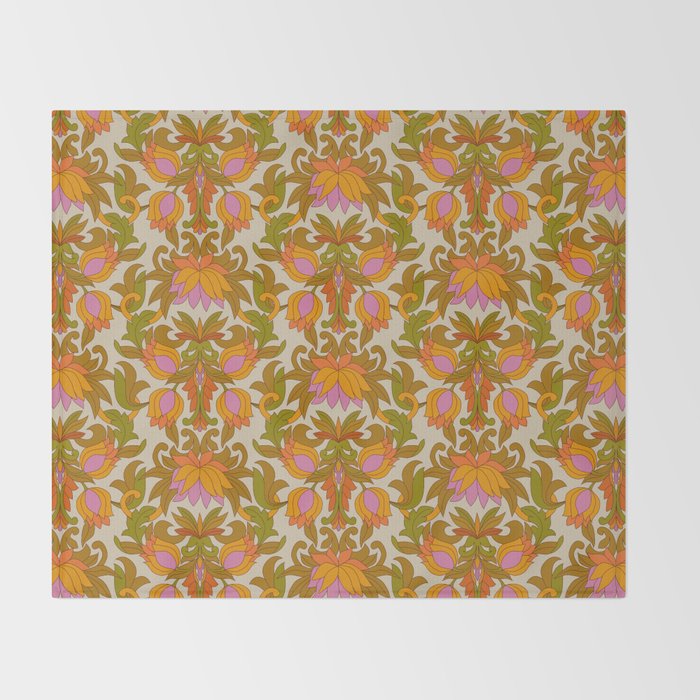 Orange, Pink Flowers and Green Leaves 1960s Retro Vintage Pattern Throw Blanket Gallery Image 2