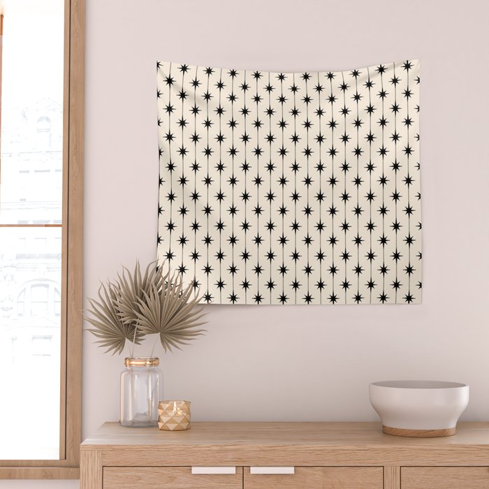 Midcentury Stars and Dots Classic Pattern in Black and Almond Cream Wall Tapestry Gallery Image 2