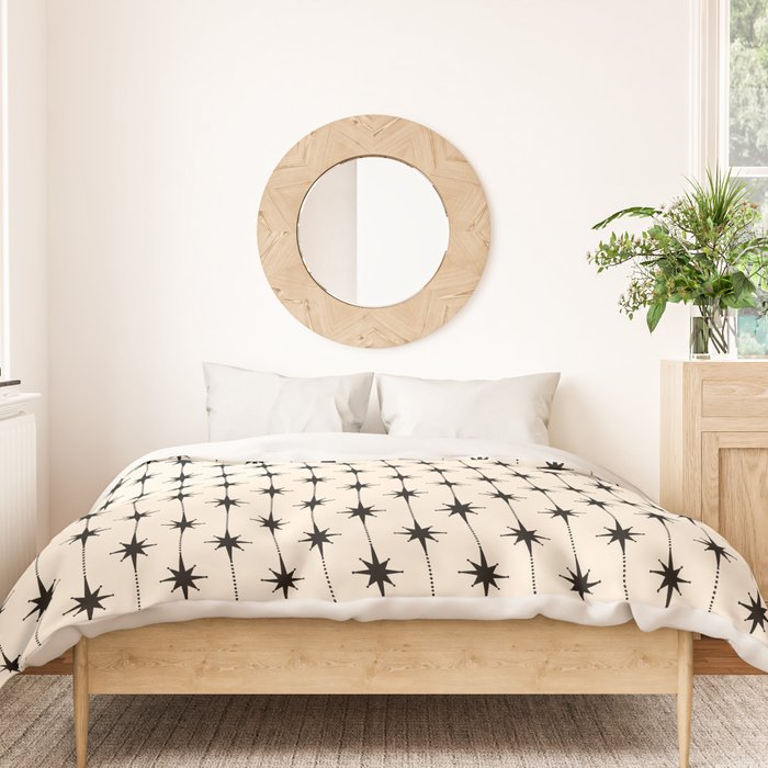 Midcentury Stars and Dots Classic Pattern in Black and Almond Cream Duvet Cover Gallery Image 3