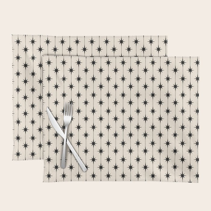 Midcentury Stars and Dots Classic Pattern in Black and Almond Cream Placemat Gallery Image 1