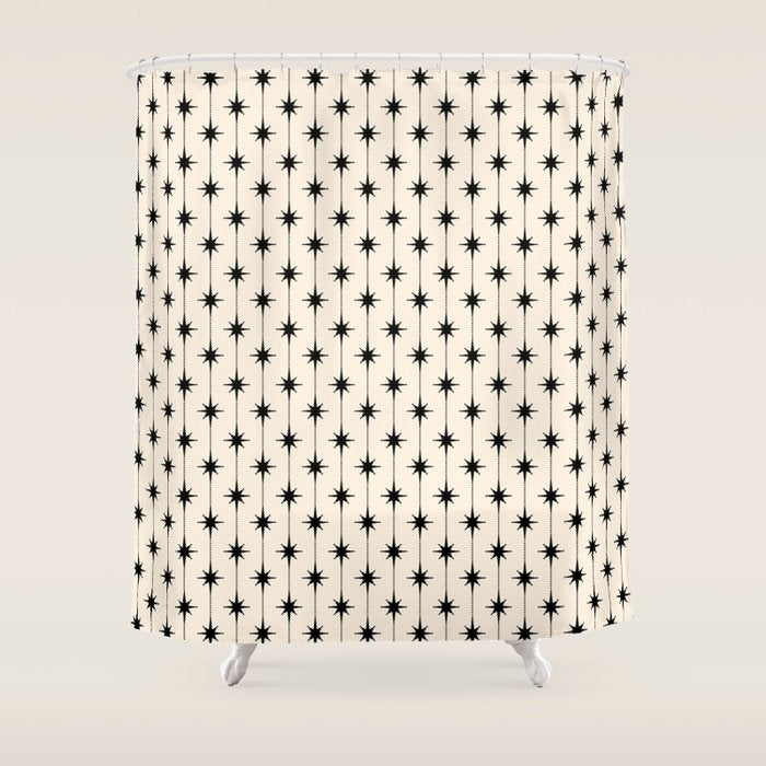 Midcentury Stars and Dots Classic Pattern in Black and Almond Cream Shower Curtain Gallery Image 1