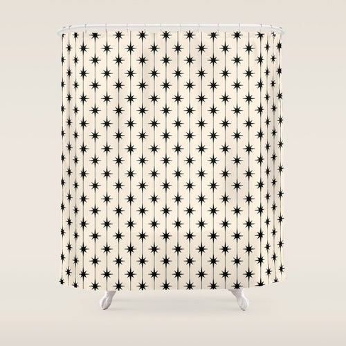 Midcentury Stars And Dots Classic Pattern In Black And Almond Cream Shower Curtain