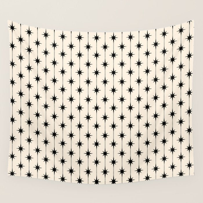 Midcentury Stars and Dots Classic Pattern in Black and Almond Cream Wall Tapestry Gallery Image 1