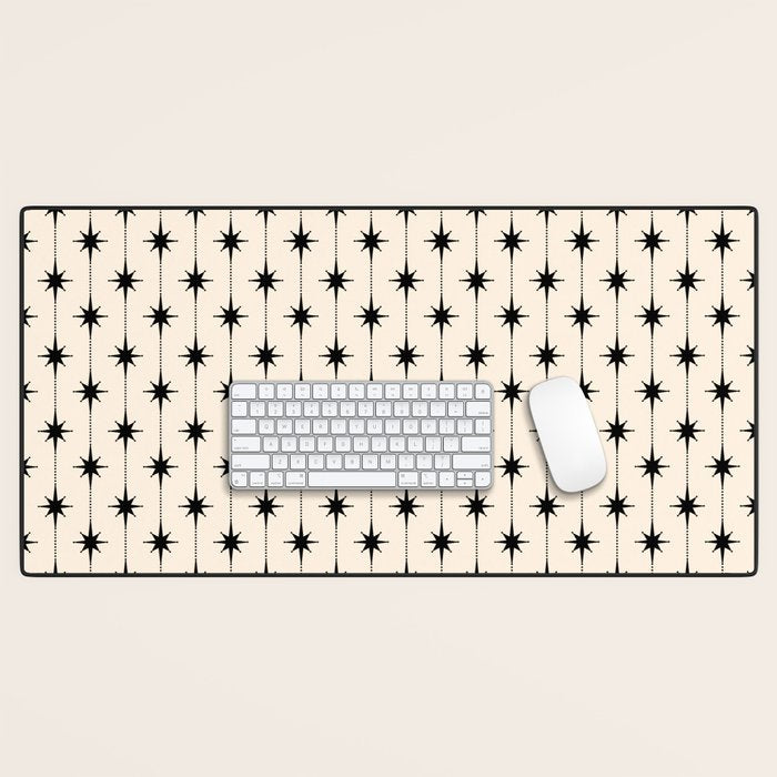 Midcentury Stars and Dots Classic Pattern in Black and Almond Cream Desk Mat Gallery Image 1