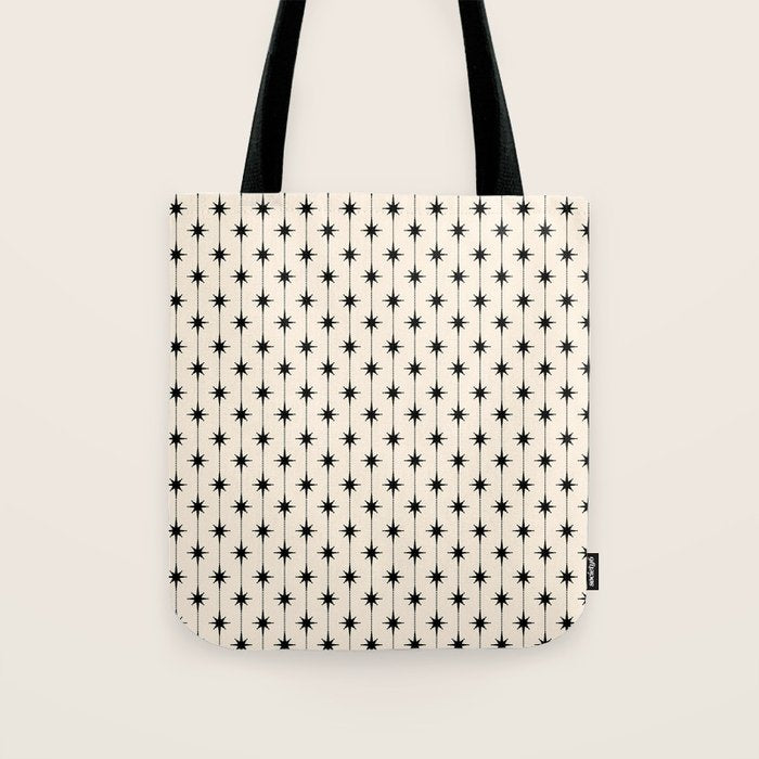 Midcentury Stars and Dots Classic Pattern in Black and Almond Cream Tote Bag Gallery Image 1