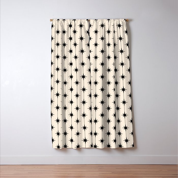 Midcentury Stars and Dots Classic Pattern in Black and Almond Cream Window Curtain Gallery Image 3