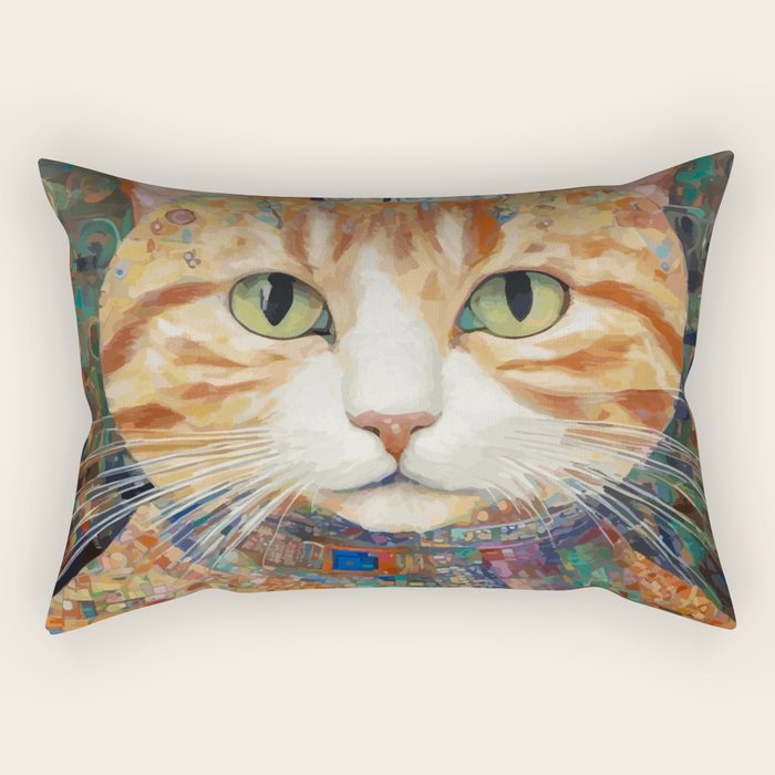Gustav Klimt Style Tabby Cat with Green Eyes and Beautiful Clothes Rectangular Pillow Gallery Image 2