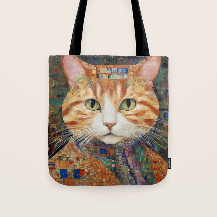 Gustav Klimt Style Tabby Cat with Green Eyes and Beautiful Clothes Tote Bag Gallery Image 1