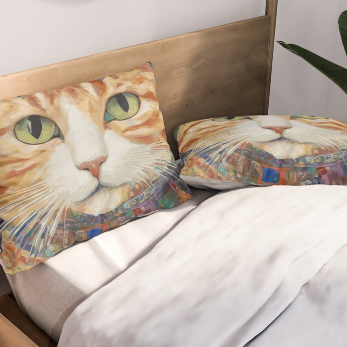 Gustav Klimt Style Tabby Cat with Green Eyes and Beautiful Clothes Pillow Sham Gallery Image 2