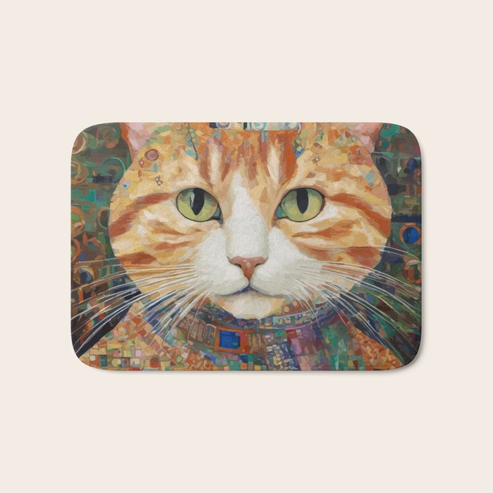 Gustav Klimt Style Tabby Cat with Green Eyes and Beautiful Clothes Bath Mat Gallery Image 1