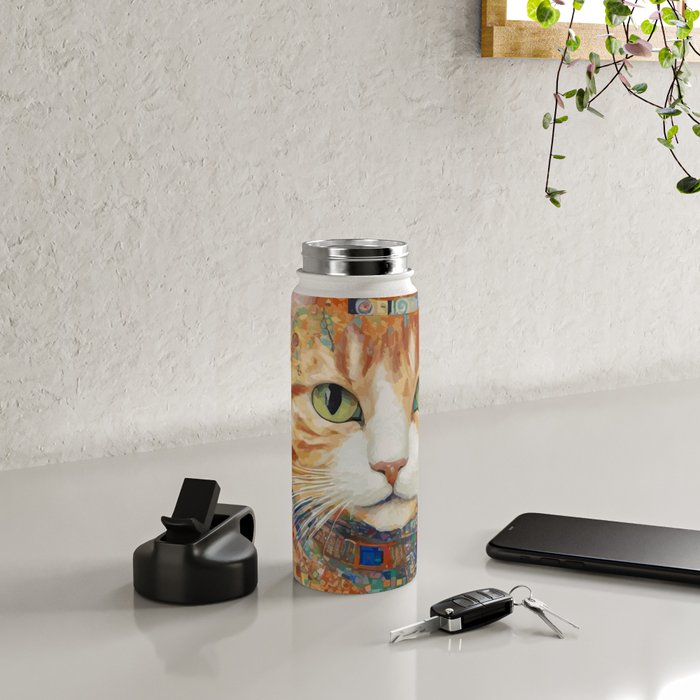 Gustav Klimt Style Tabby Cat with Green Eyes and Beautiful Clothes Water Bottle Gallery Image 4