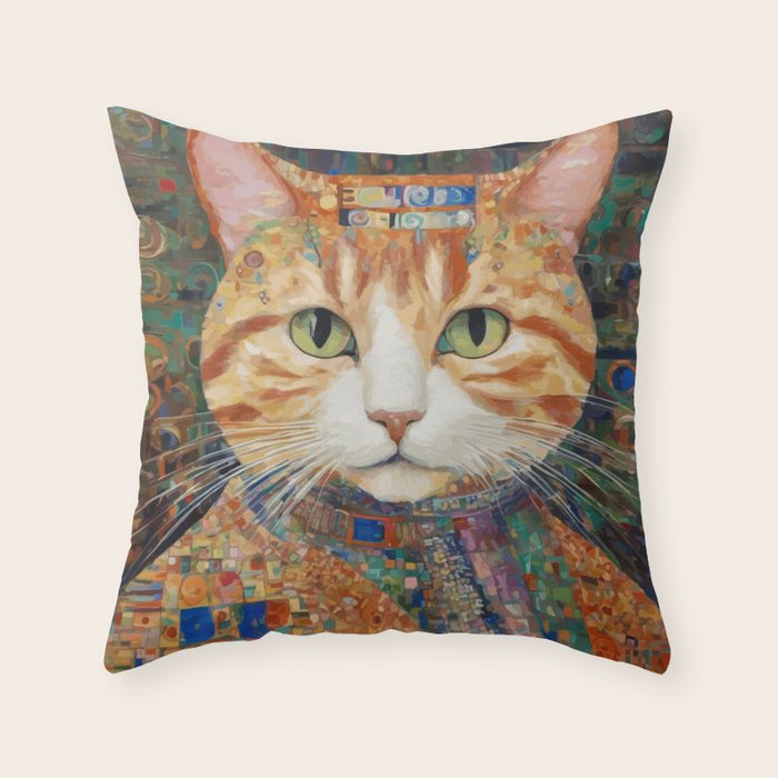 Gustav Klimt Style Tabby Cat with Green Eyes and Beautiful Clothes Throw Pillow Gallery Image 6