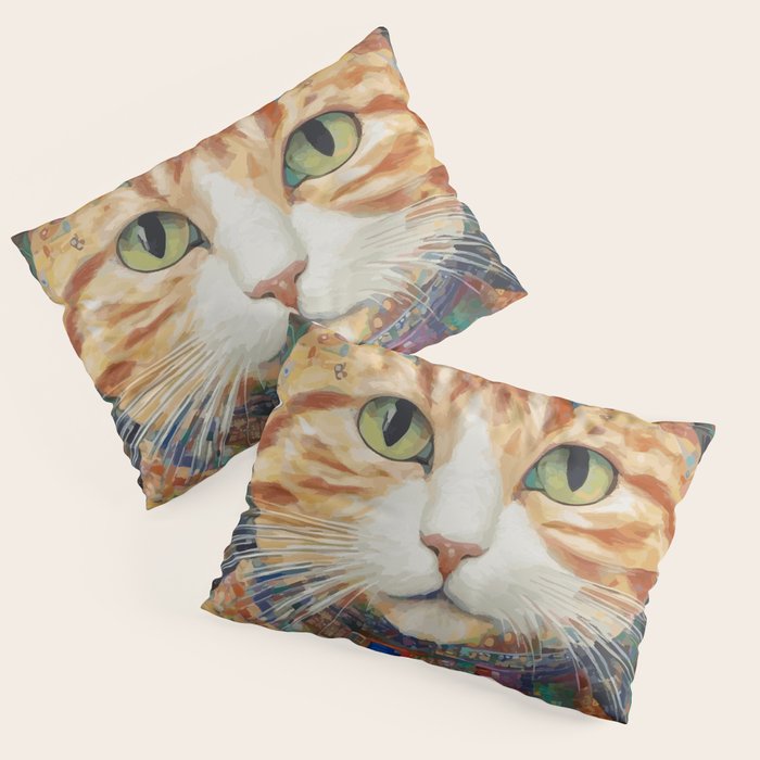 Gustav Klimt Style Tabby Cat with Green Eyes and Beautiful Clothes Pillow Sham Gallery Image 3