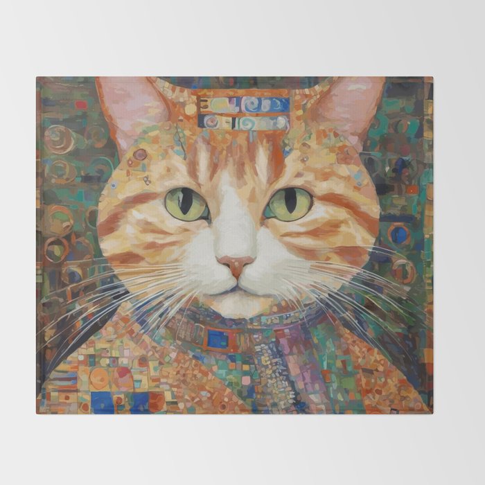 Gustav Klimt Style Tabby Cat with Green Eyes and Beautiful Clothes Throw Blanket Gallery Image 2