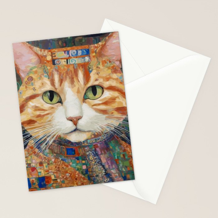 Gustav Klimt Style Tabby Cat with Green Eyes and Beautiful Clothes Stationery Card Gallery Image 2