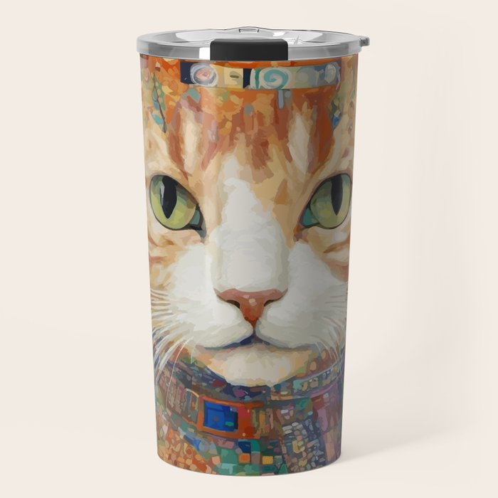Gustav Klimt Style Tabby Cat with Green Eyes and Beautiful Clothes Travel Mug Gallery Image 1