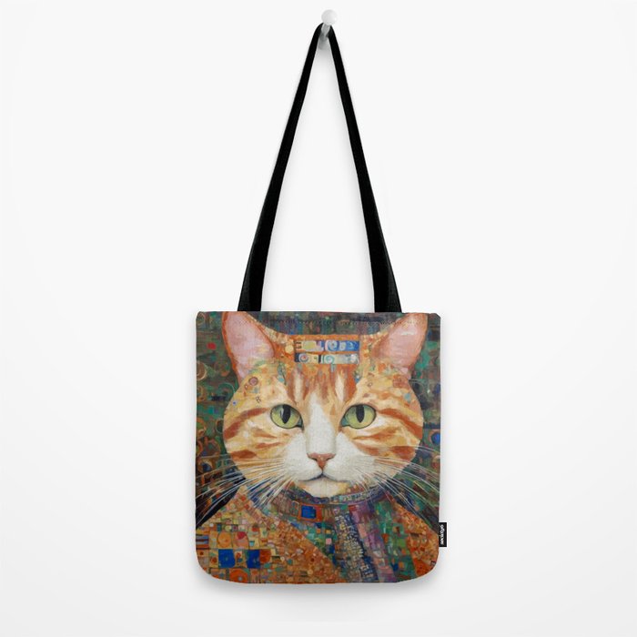 Gustav Klimt Style Tabby Cat with Green Eyes and Beautiful Clothes Tote Bag Gallery Image 2