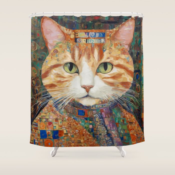 Gustav Klimt Style Tabby Cat with Green Eyes and Beautiful Clothes Shower Curtain Gallery Image 1