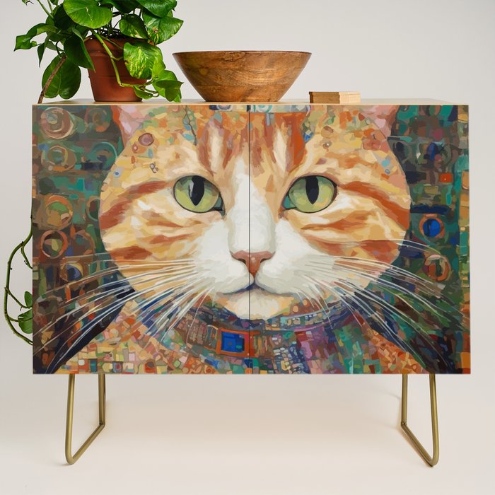 Gustav Klimt Style Tabby Cat with Green Eyes and Beautiful Clothes Credenza Gallery Image 1