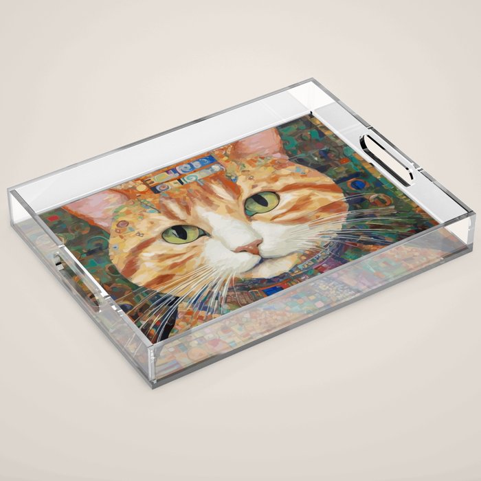 Gustav Klimt Style Tabby Cat with Green Eyes and Beautiful Clothes Acrylic Tray Gallery Image 1