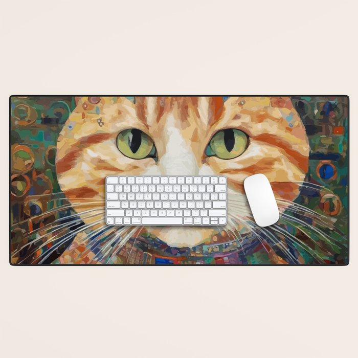 Gustav Klimt Style Tabby Cat with Green Eyes and Beautiful Clothes Desk Mat Gallery Image 1
