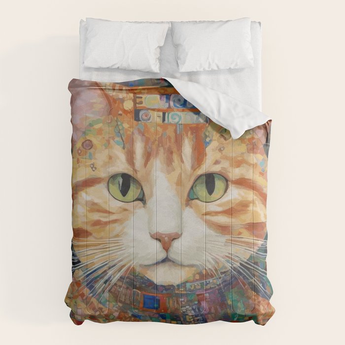 Gustav Klimt Style Tabby Cat with Green Eyes and Beautiful Clothes Comforter Gallery Image 1