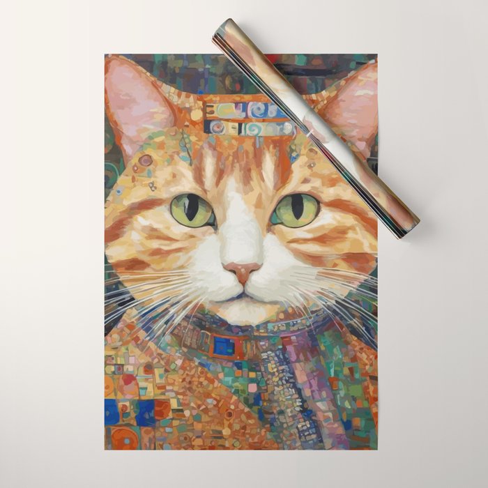 Gustav Klimt Style Tabby Cat with Green Eyes and Beautiful Clothes Wrapping Paper Gallery Image 1
