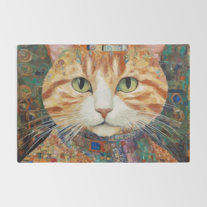Gustav Klimt Style Tabby Cat with Green Eyes and Beautiful Clothes Rug Gallery Image 2