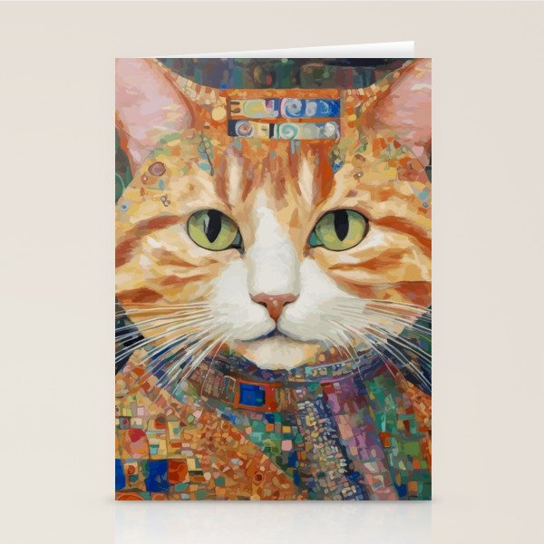 Gustav Klimt Style Tabby Cat with Green Eyes and Beautiful Clothes Stationery Card Gallery Image 1
